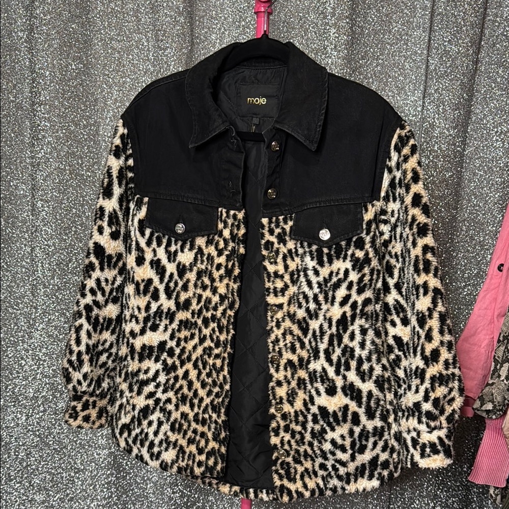 Maje Leopard/Fleece Denim Lined Jacket